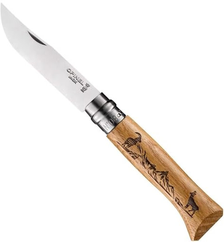 OPINEL No.08 Engraved Oak Handle Folding Knife, Animalia Collection, Stainless Steel Blade, Made in France (Goat)