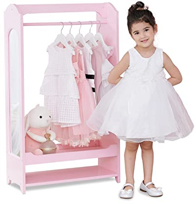 Teamson Kids - Kids Clothed Rack, Girl Dress Up Closet, Kids Dress Up Wardrobe, Dress Up Furniture Hanging Rack for Kids, Toddler Dress Up Station, Wooden Dress Up Unit with Hooks and Mirror - Pink