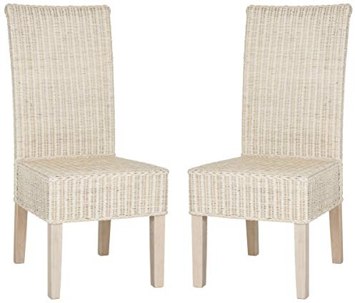 SAFAVIEH Home Collection – Arjun Set of 2 White Washed Wicker Dining Chairs, Tall Back Dining Chairs with Pine Wood Legs for Kitchen or Dining Room (SEA8013D-SET2)