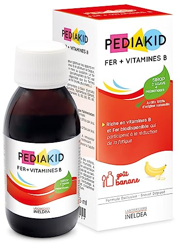 PEDIAKID - Sirop Fer + Vitamines B - Complément Alimentaire Naturel - Formule Exclusive au Sirop d'Agave - Optimise les Apports en Fer - Contribue à Réduire la Fatigue - Goût Banane - Flacon 125 ml