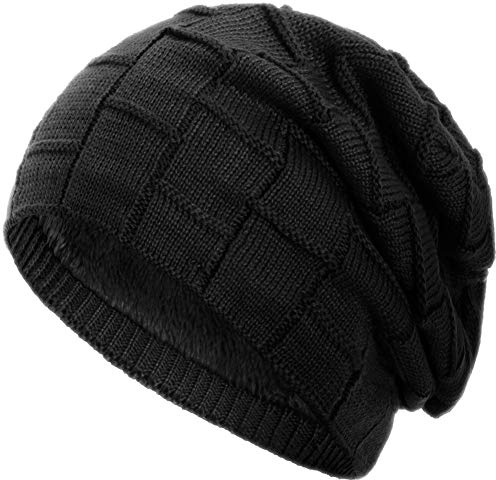 Compagno Gorro de invierno tipo slouch beanie de punto cesta con suave interior de forro polar, Color:Negro