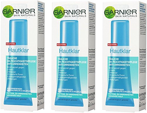 Garnier Hautklar 24h Feuchtigkeitspflege Gesicht Anti-Unreinheiten/Gesichtscreme für fettige + zu Unreinheiten neigende Haut, 3er Pack - 3 x 40 ml