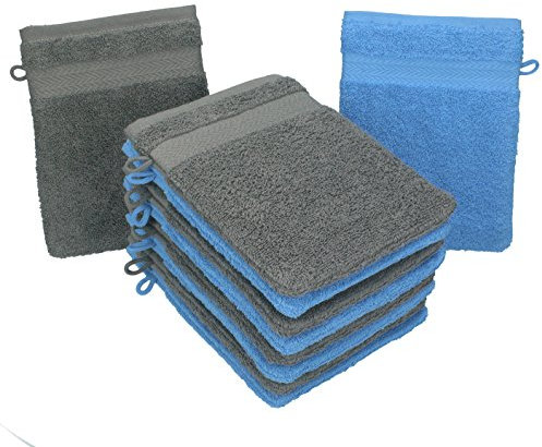 Betz 10 Stück Waschhandschuhe Premium 100% Baumwolle Waschlappen Set 16x21 cm Farbe hellblau und anthrazit