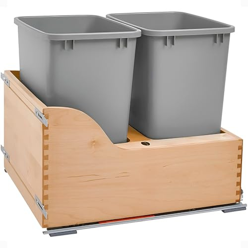 Rev-A-Shelf Wood Double Pullout Waste Container with Soft-Close, 35 Quart - Sliding Garbage Bin System with Dual Trash Can for 21 Home Kitchen Base Cabinet, 4WCSC-2135DM-2