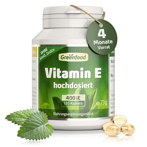 Vitamin E, hochdosiert, 400 iE - 120 Kapseln (Softgel). Hochwertiges Tocopherol – schützt die Zellen vor oxidativem Stress (Antioxidant). OHNE künstliche Zusätze - laborgeprüft. Von Greenfood.