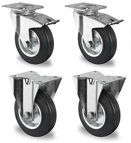 Rollensatz 2 Lenkrollen mit Feststeller + 2 Bockrollen 200 mm Vollgummi schwarz mit Stahlfelge