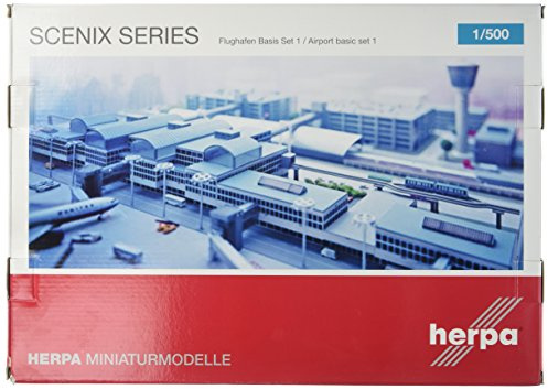 herpa 520362 – flygplatsuppsättning 1 i miniatyr, 14 terminalbyggnader, miniatyrmodell, flygport för samlare, flygplansmodeller, hobbyutövare, modellbyggsats, liten modell, 400 delar – skala 1:500,