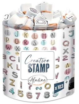 Aladine - Stampo Scrap Mini Alphabet - Kit de Tampons pour Carterie Créative - Scrap, DIY, loisirs créatifs - Set de tampons à emporter partout + Encreur Noir Inclus - Thème Mini Alphabet