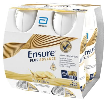 Ensure Plus Advance Supplemento Nutrizionale Ipercalorico ed Iperproteico |Formato bevanda| Alimento a fini medici speciali iperproteico| Confezione 4x220ml Gusto Banana