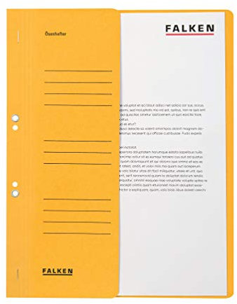 Original Falken 50er Pack Ösenhefter. Made in Germany. Aus Recycling-Karton mit halbem Vorderdeckel und kaufmännischer Heftung für DIN A4 gelb Hefter Sammelmappe Blauer Engel