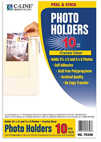 C-Line Peel and Stick Photo Holders, Holds 3.5 x 5 and 4 x 6 Inches Photos, Clear, 10 per Pack (70346)