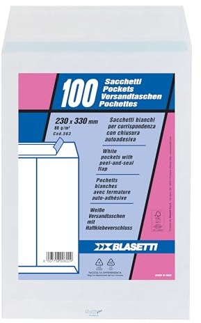 Blasetti 100 Buste a Sacco Bianche, Formato 23 x 33 cm, Carta da 80 gr con Internografia. Buste da Lettera Commerciali con Strip Adesivo, Ideali per Spedire Documenti Senza Piegature