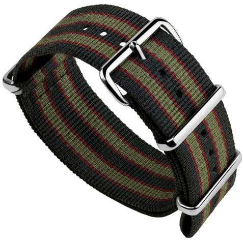 Geckota Vintage Bond 1973 Britisches Militär-Nylon-Ersatzarmband. Dunkelblaue, Rote Und Olivgrüne Streifen. Schnell Trocknendes Und Sicheres Armband. 20mm, Polierte Schnalle