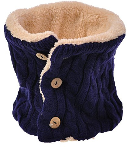 Basic Sense Unisex Plain Infinity Chunky Cable Knit Neck Warmer Snood Button Scarf with Soft Sherpa Fleece inside, Navy