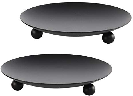 Black Iron Plate Candle Holder, Decorative Iron Pillar Candle Plate, Set of 2, 4.37 inches D x 0.78 inches H, Pedestal Candle Stand for LED & Wax Candles, Incense Cones, Spa, Weddings (2 pcs)