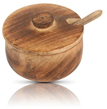 Decorative Rustic Wooden Sugar Bowl & Spoon With Lid Wide Mouth Candy Treat Jar Spice Jar Holder Condiment Nuts Serving Bowl Pot Salt Spice Herb Loose Leaf Tea Storage Container Novelty Home & Kitchen
