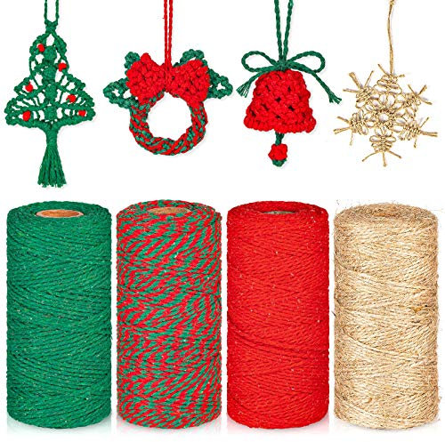 Whaline 1312 Feet Christmas Twine Red Green Cotton String with Jute Twine Christmas Wrapping Rope Cord for Xmas DIY Art Crafts Gifts Presents Baking, 4 Roll, 2mm