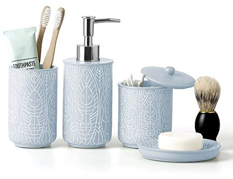 VIRTUNE Ensemble d'accessoires de Salle de Bain Bleu Pastel. Décoration de Salle de Bain Bleue en résine. Accessoires pour Les Accessoires de Nouvel Appartement. Porte-Brosse à Dents et Distributeur