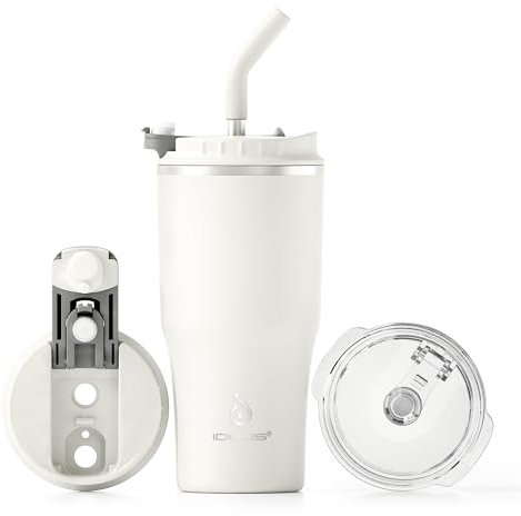 Ideus Isolierbecher 18oz (540ml), Doppelwandige Kaffeetasse Edelstahl Kaffeebecher Reisebecher mit auslaufsicherer Abdeckung und Stroh, geeignet für heiße und kalte Getränke (Weiß)
