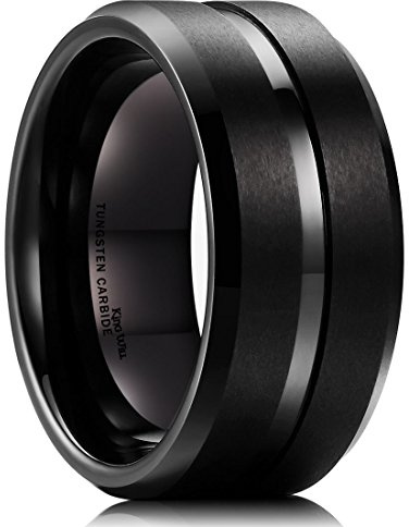 King Will 10mm Black Tungsten Carbide Wedding Band Ring Polished Finish Grooved Center Comfort Fit(14)