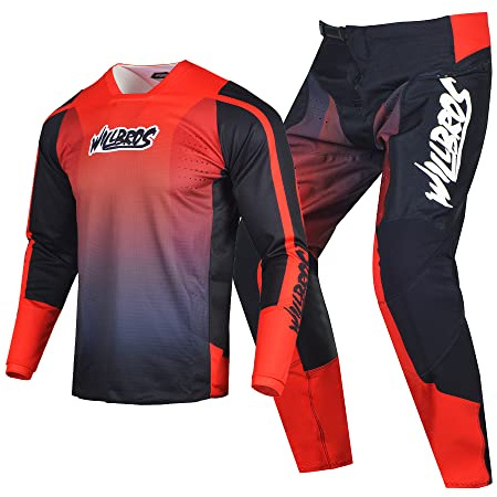 Willbros Pantalones de Jersey Camiseta de Motocross Traje Hombre Mujeres Dirt Bike MX Montar Adultos Negro Rojo (Jersey S Pants 30)