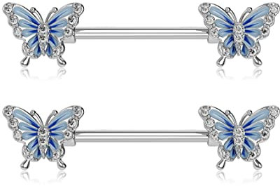 OUFER 14G Nippelpiercing Barbells Brustwarzenpiercing Chirurgenstahl Nipple Piercing Silber Blauer Schmetterling Schmuck