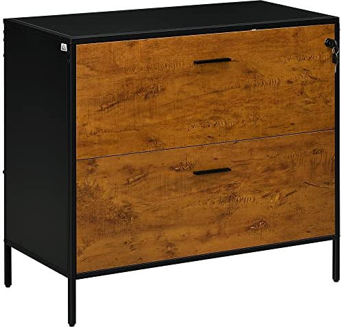 HOMCOM Industrieller Büro-Schubladenschrank mit 2 Schubladen Ordner-Schubladenschrank mit Schloss und Hängeregisterschrank für A4 Format 80x39x73,5 cm Braun