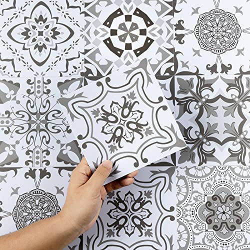 Hode Kitchen Bathroom Tile Stickers Stick on Tiles, Sticky Back Peel and Stick Self Adhesive Wall, Vinyl Waterproof Grey and White Moroccan, 50pcs 15x15cm