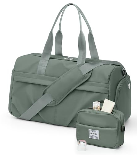 Gym Bag for Women Men, Sport Duffel Bag with Toiletry Bag & Shoe Compartment,Waterproof Travel Weekender Overnight Carry on Bag for Yoga with Trolley Sleeve, Green Set