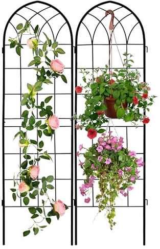 LZRS 2 Pack 71x20in Rustic Iron Arch Decoration Garden Trellis with Black Metal Coating – Perfect for Supporting Climbing Plants Outdoor, Roses, Vines, Flowers, and Vegetables.
