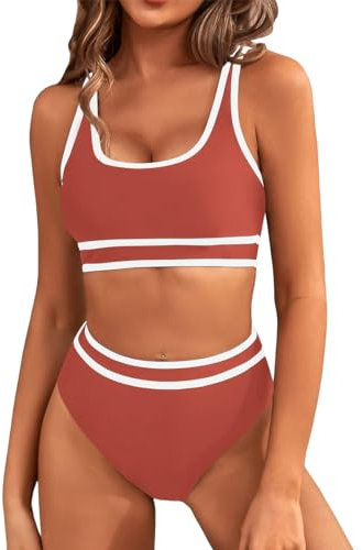 Yeenily Damen Badeanzug Zweiteiler Sport Bikini Set Sexy High Waist Bademode Triangel Bustier Push Up Strand Tankini Bauchweg Brazilian Swimsuit (Jujube Rot, XL)