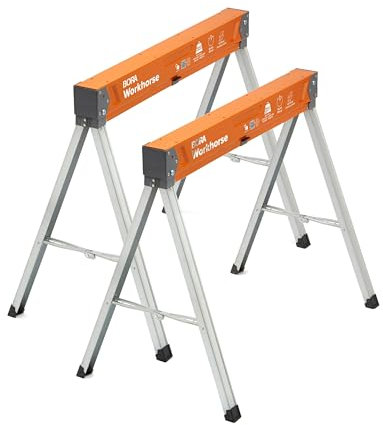 BORA Workhorse - Caballos de sierra, paquete de 2 caballetes plegables resistentes con patas ajustables, caballo de sierra resistente para contratistas, banco de trabajo portátil PM-3330T, naranja