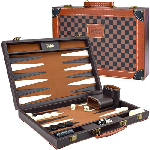 Backgammon Sets for Adults, 15 Inch PU Leather Backgammon Set, Portable Travel Backgammon Board Game, Classic Strategy Checkerboard Design Backgammon Sets for Adults Kids, Brown