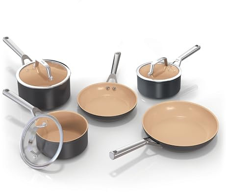 Ninja Extended Life Keramic Kochset 5-teilig (20 & 24 cm Sauteuse + 16, 18 & 20 cm Töpfe & Deckel), Antihaftbeschichtet (ohne PFAs, PFOAs, Blei, Cadmium), Backofenfest, Grau & Terracotta CW95000EUUKDB