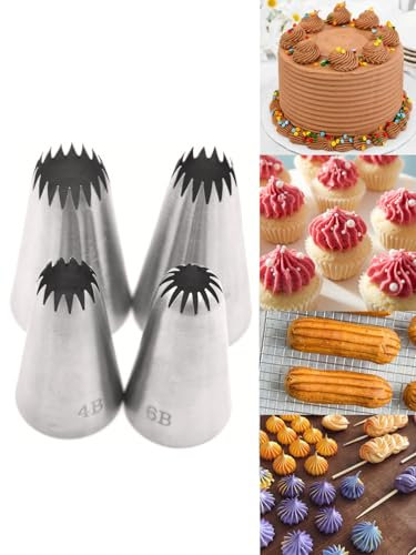 Large Cake Piping Nozzle Set for Churros, Eclairs & Meringues, 4B 6B 5FT 9FT Star Piping Tip Cake Cupcake Cookie Decorating Tools