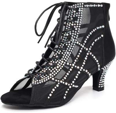 JUODVMP Stivali da Ballo Nero Traspiranti da Donna A Collo Alto Scarpe da Ballo per Danze Standard e Sociali con Strass Tacco 6cm,40 EU