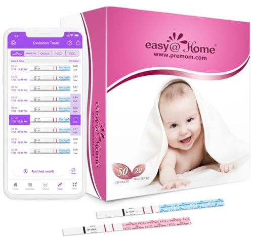 Easy@Home Ovulationstest 50 LH-Teststreifen 25mIU/ml 20 Schwangerschaftstest 10mIU/ml – Präzise Fruchtbarkeitsüberwachung mit Premom App