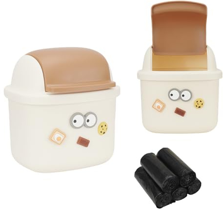 IBEQUEM Mini Table Trash Can,Small Desktop Rubbish Bin with Lid,Portable Garbage Box with 5 Rolls of Liners,Cartoon Waste Storage for Office Bedroom Desk Car Kitchen (Brown)