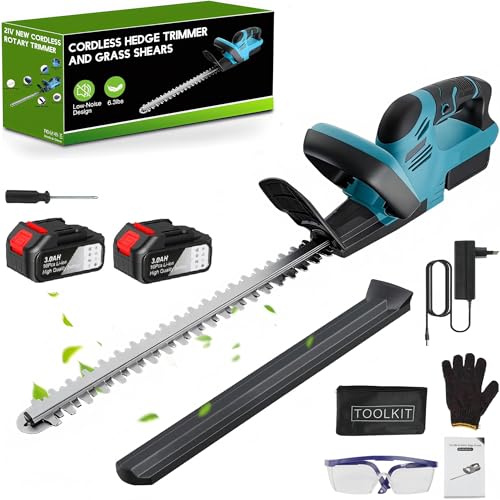 Corta Setos Jardin Electrico 21V, 52CM Cortasetos Electrico con Baterías de 3,0Ah, Espacio Entre Cuchillas 1,5CM, Doble Interruptor y Cuchilla Doble, Cortasetos Bateria para Jardín (con 2 Batería)