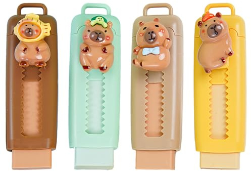 LaresDay 4 stycken Capybara infällbart suddgummi med 4 stycken suddgummin, infällbart radergummi med påfyllningar för barn och studenter | roligt skolbehov