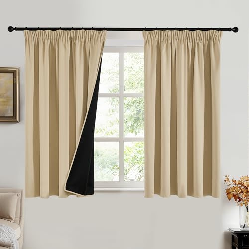 PONY DANCE 100% Blackout Thermal Insulated Curtains, 66x54, Biscotti Beige | Pencil Pleat Rod Pocket Curtains for Bedroom and Living Room, 2 Panels, Noise Reduction, Light Blocking & Privacy Drapes