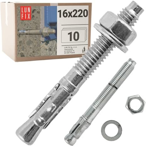 Tasselli Muro 16x220 mm, 10 Pezzi Acciaio Zincato, Bulloni Espansione per Calcestruzzo e Cemento Armato, Tassello Ancorante con Dado e Rondella, Ideale per Pergola, Cancello, Recinzione, Lun Fix