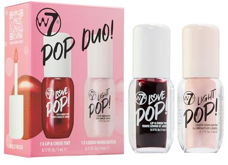 W7 Pop Duo Makeup Gift Set - Love Pop Lip & Cheek Tint + Light Pop Liquid Highlighter - Buildable Colour, Juicy Tint & Glow - 2 x 5ml
