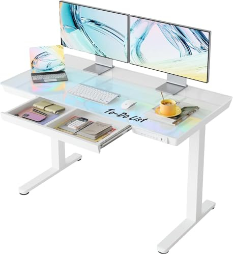 HUANUO Elektriskt stående, 120 x 60 cm, vitt glas med låda | Glas eller träbricka, USB-A/C-laddning, glidskena, 3 minnen, 72–118 cm, 50 000 cykler, snabb montering.