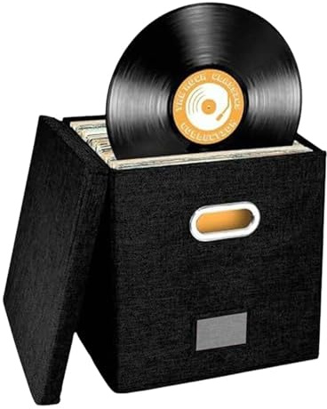 WAJJWI Vinyl Record Storage Box Case for LP Album Linen Fabric Crate Cube Bins with Lid para Discos(Black)