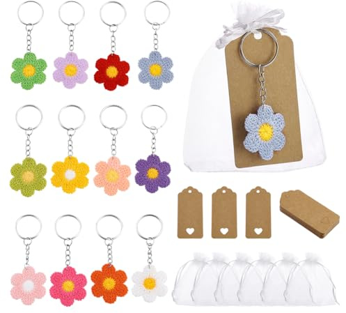 PH PandaHall 24 Sets Crochet Flower Keychain Party Favor Organza Gift Bags Floral Keyring Guest Return Favors with Thank You Tags for Wedding Valentine's Day Birthday Souvenir Party Present Decor