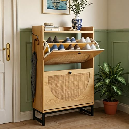 Minifactory Rattan Shoe Storage Cabinet with 2 Flip Drawers, Wooden Shoe Organiser for Hallway, 13cm Elevated Design with Metal Legs & Anti-Tip Device, Freestanding Entryway Storage Unit