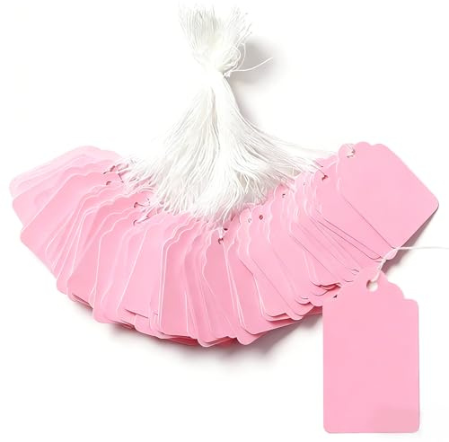 Writable Price Labels, Tag Stickers, Display Tags with Hanging Strings – Quick Identification & Reusable Item Organization for Clothing, Jewelry, Gifts (Pink,100)