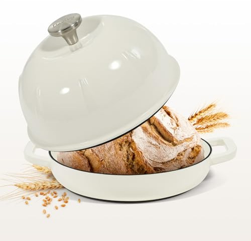 Davivy Forno olandese in ghisa smaltata per pane a lievitazione naturale, pentola olandese con coperchio a cupola, pentola per pane in ghisa, standard, bianco