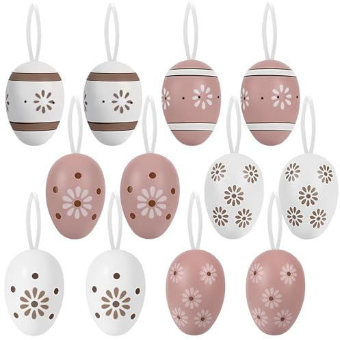 Fancysky Uova Pasquali Decorative, 12 Pezzi Uova di Pasqua da Appendere in Plastica 6cm, Decorazioni Pasquali, Eleganti Piccole Ovetti Colorate Esterno Marroni Bianco
